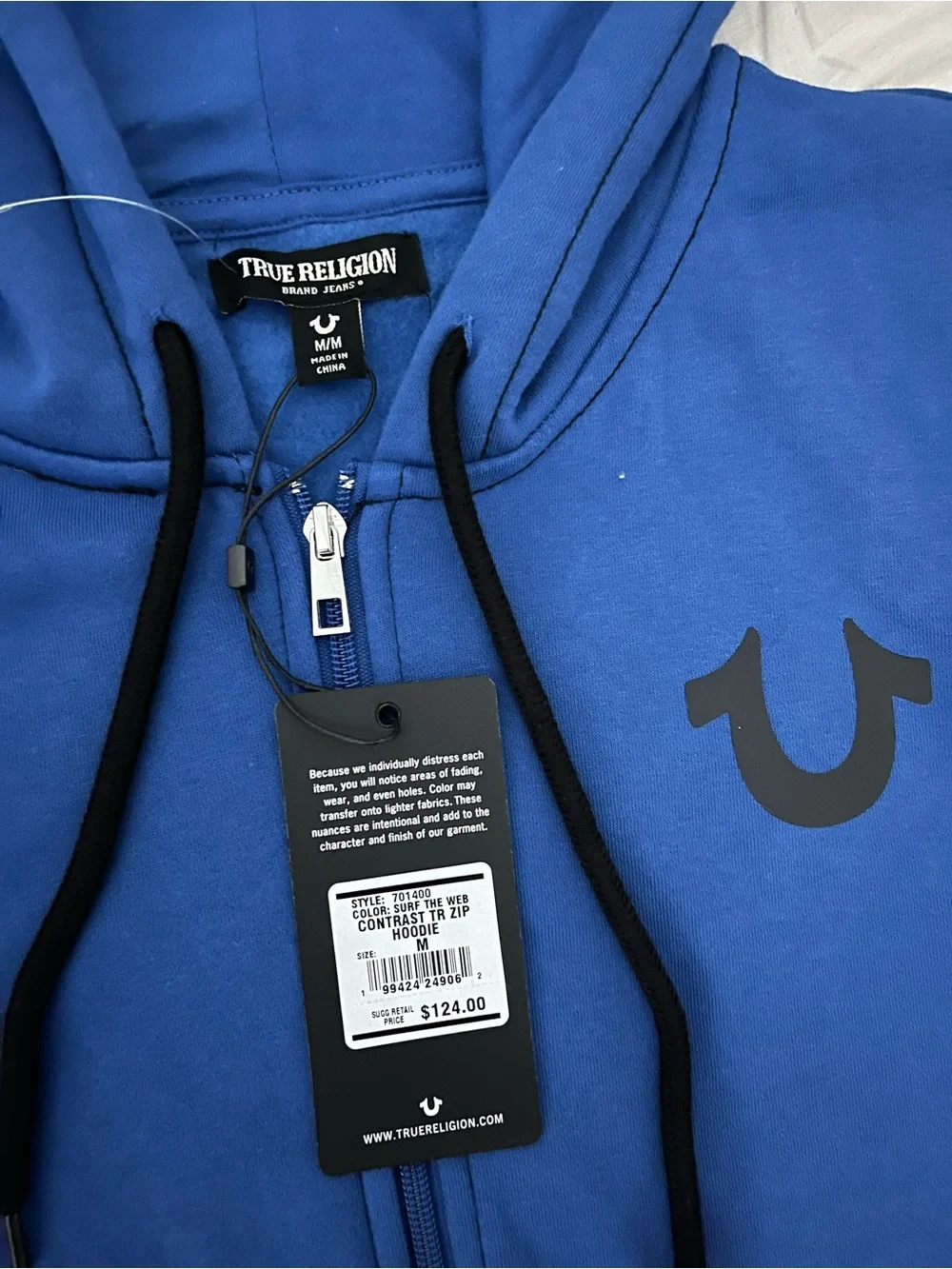 True Religion Men’s Blue Full-Zip Hoodie with Logo